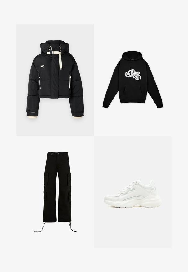 Zwart cropped puffer jack met een capuchon, voorzien van crème-kleurige accenten, een ritssluiting aan de voorkant, zijzakken en elastische manchetten.; Pegador PALUMA OVERSIZED HOODIE - Sweater - black; Zwarte cargobroek met een relaxte pasvorm, met cargozakken aan de zijkanten, koordjes aan de onderkant en een knoopsluiting in de taille.; Witte chunky sneaker met dikke zool, veters aan de voorkant en een glad bovenwerk van synthetisch materiaal met subtiele stikdetails.