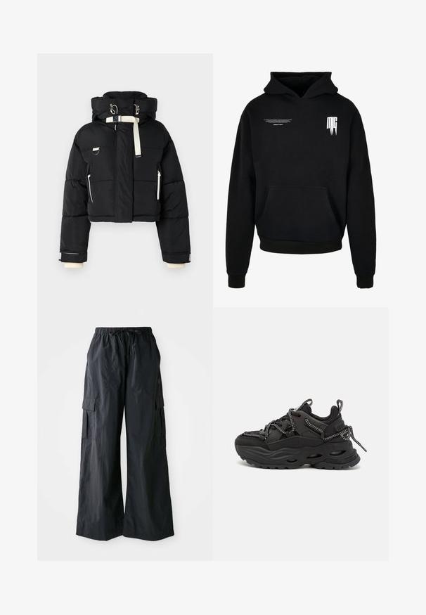 Veste doudoune noire coupée avec capuche, dotée d'accents couleur crème, fermeture éclair sur le devant, poches latérales et poignets élastiques.; Sweat à capuche noir avec poche sur le devant, petit texte blanc sur la partie supérieure gauche de la poitrine, et logo stylisé "MG" sur la partie supérieure droite de la poitrine.; Pantalons cargo noirs en tissu léger, avec une coupe large, une taille élastique et plusieurs poches latérales. Simples et fonctionnels.; Des chaussures de sport noires avec une tige en tissu texturé, une semelle en caoutchouc épaisse et des détails de lacets contrastants. Comprend un talon renforcé et un marquage.