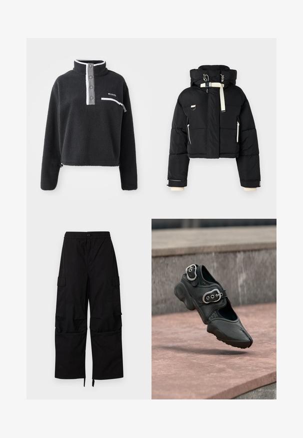 Sort cropped pufferjakke med hætte, udsmykket med cremefarvede detaljer, lynlås foran, sidelommer og elastiske mansjetter.; Sort fleece pullover med halv lynlås krave, der har en brystlomme og kontrasterende hvide og grå detaljer. Blød tekstur, cropped design.; Sorte cargobukser med elastisk talje, knaplukning, sidelommer med klap og brede, lige ben med justerbare kanter.; Sort sko med delt tå og to sølvspændere, tyk sål og perforerede detaljer, svævende over en stenovertagelse.