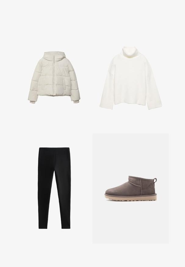 Lys beige pufferjakke med hætte, frontlynlås og to sidelommer. Den har et quiltet design og elastiske manchetter.; Hvid rullekrave sweater lavet af blødt stof, med en afslappet pasform, sænkede skuldre og brede ribstrikkede manchetter og kant.; Sorte leggings lavet af strækbart stof, med en tætsiddende design uden synlige sømme eller lommer, velegnet til forskellige aktiviteter.; Lav brun ruskindssko med lav ankelhøjde, slidstærk sål og træksnor på en ensartet baggrund.