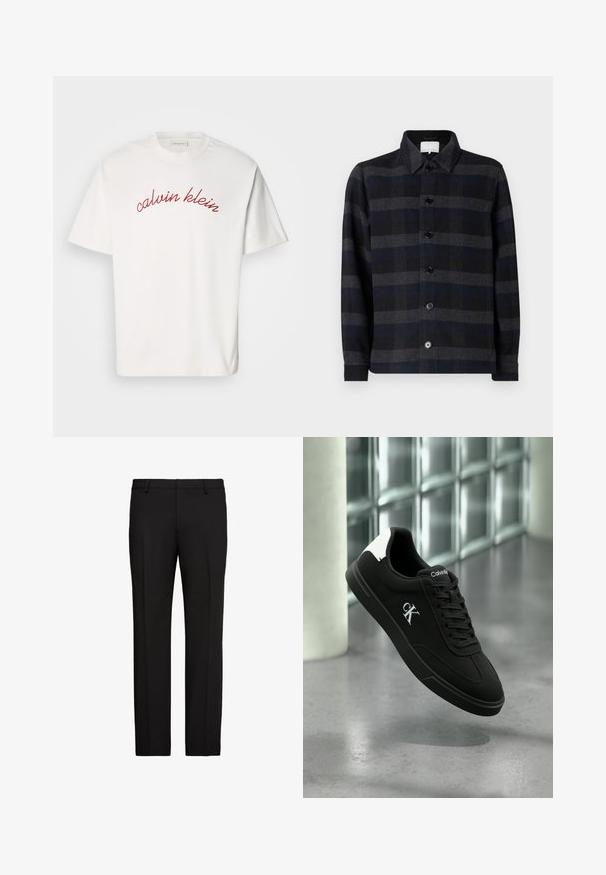 Schwarze und graue karierten Hemdjacke mit langen Ärmeln, Knopfverschluss vorne und klassischem Kragen. Hergestellt aus strukturiertem Stoff.; Weißes Baumwoll-T-Shirt mit kurzen Ärmeln, das mit kurvenförmigem, rotem gesticktem Text "calvin klein" auf der Brust versehen ist. Klassisches Rundhals-Design.; Schwarze formelle Hose mit Gürtelschlaufen, Bügelfalte vorne und geradem Bein auf weißem Hintergrund.; Schwarzer Calvin Klein Sneaker mit weißem Fersenlasche und CK-Logo an der Seite, schwebend über poliertem Betonboden vor einer Wand aus Glasbausteinen.