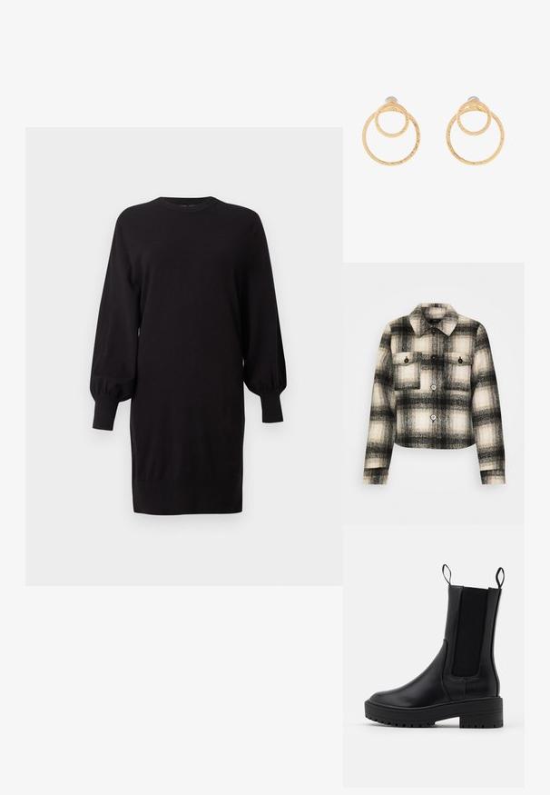 Rutede flannel jakke i sort, hvid og beige. Har to brystlommer, sorte knapper og en klassisk krave. Kort design.; Sort langærmet sweaterkjole med ballonærmer og ribstrikkede manchetter, rund halsudskæring og lige kant, vist på en ensfarvet baggrund.; Sort ankelstøvle med en glat læderoverflade, elastiske sidestykker, trækstænger og en tykkere, tekstureret sål for ekstra greb.; Guldfarvede hoopsøreringe med to sammenkoblede cirkler og en struktureret overflade. Designet med en glat og sikker bagbeklædning.