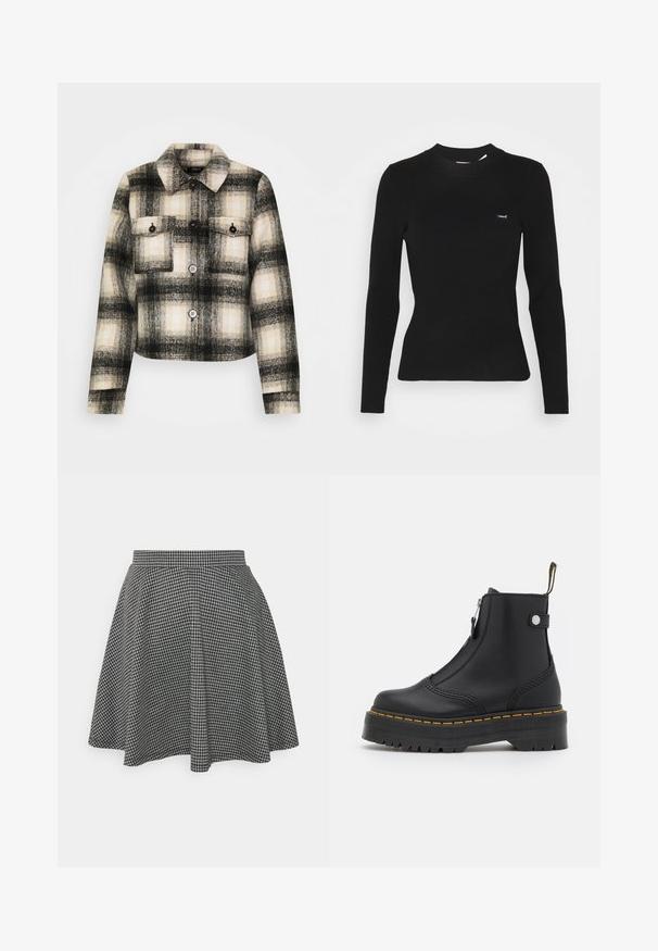 Chaqueta de franela a cuadros en negro, blanco y beige. Cuenta con dos bolsillos en el pecho, botones negros y un collar clásico. Diseño recortado.; Top negro de manga larga con diseño ajustado y tejido acanalado. Presenta un cuello redondo y un pequeño logo blanco de "Levi's" en el pecho izquierdo.; Falda de patinadora a cuadros en blanco y negro con cintura ajustada y dobladillo acampanado, hecha de una tela texturizada que muestra un patrón clásico.; Botín negro de cuero suave, con cremallera lateral, costuras amarillas y suela de goma gruesa y estriada.