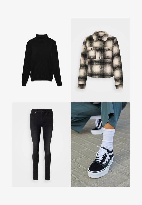 Veste en flanelle à carreaux noire, blanche et beige. Equipée de deux poches poitrine, de boutons noirs et d'un col classique. Design court.; Pull à col roulé noir en tissu tricoté. Comprend des manches longues, un col côtelé et une coupe décontractée. Aucune texture ou accent visible.; Jean skinny noir en denim, avec un design classique à cinq poches, fermeture à bouton sur le devant, et une texture lisse légèrement déchirée.; Baskets en suède noir avec des accents et des lacets blancs, présentant une épaisse semelle blanche et des coutures contrastantes, associées à une chaussette blanche.