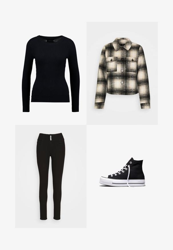 Veste en flanelle à carreaux noire, blanche et beige. Equipée de deux poches poitrine, de boutons noirs et d'un col classique. Design court.; Pull noir à manches longues côtelé avec un col rond et une silhouette ajustée. La texture est lisse avec un léger étirement partout.; Vero Moda VMDONNA - Jeans Skinny - black; Baskets montantes en toile noire avec semelle en caoutchouc blanche et lacets blancs, vues de côté sur un fond blanc.