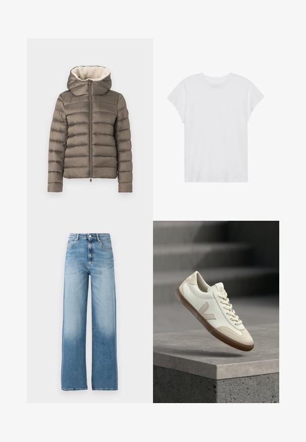 Chaqueta tipo puff en verde olivo con capucha desmontable, diseño de acolchado horizontal y forro de piel sintética crema alrededor del cuello. Cierre frontal con cremallera.; Camiseta blanca de manga corta con cuello redondo, corte relajado, hecha de suave tela de algodón. Textura lisa, sin estampados ni logotipos.; Vaqueros de cintura alta, de pierna ancha y color azul claro. Fabricados en denim, con cierre de botón y cinco bolsillos. Se desvanecen hacia la parte inferior.; Zapatilla blanca y beige con suela de goma flotando sobre una superficie de concreto gris con escaleras desenfocadas al fondo.