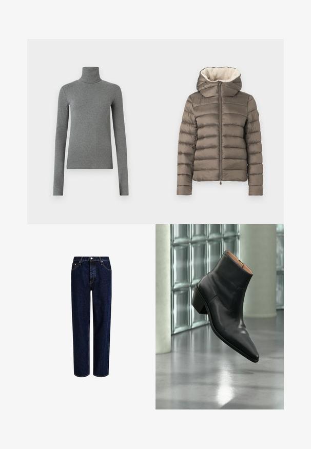 Chaqueta tipo puff en verde olivo con capucha desmontable, diseño de acolchado horizontal y forro de piel sintética crema alrededor del cuello. Cierre frontal con cremallera.; Sudadera de cuello alto gris hecha de una tela suave y elástica. Mangas largas, diseño ajustado, textura mínima, sin patrones visibles ni piezas metálicas.; Jeans de mezclilla azul oscuro con un diseño de pierna recta, que presentan una cintura alta, estilo de cinco bolsillos y costuras en contraste. Sin adornos.; Botín de piel negra con puntera puntiaguda y tacón cuadrado que levita sobre un suelo gris reflectante cerca de una pared de bloques de cristal.