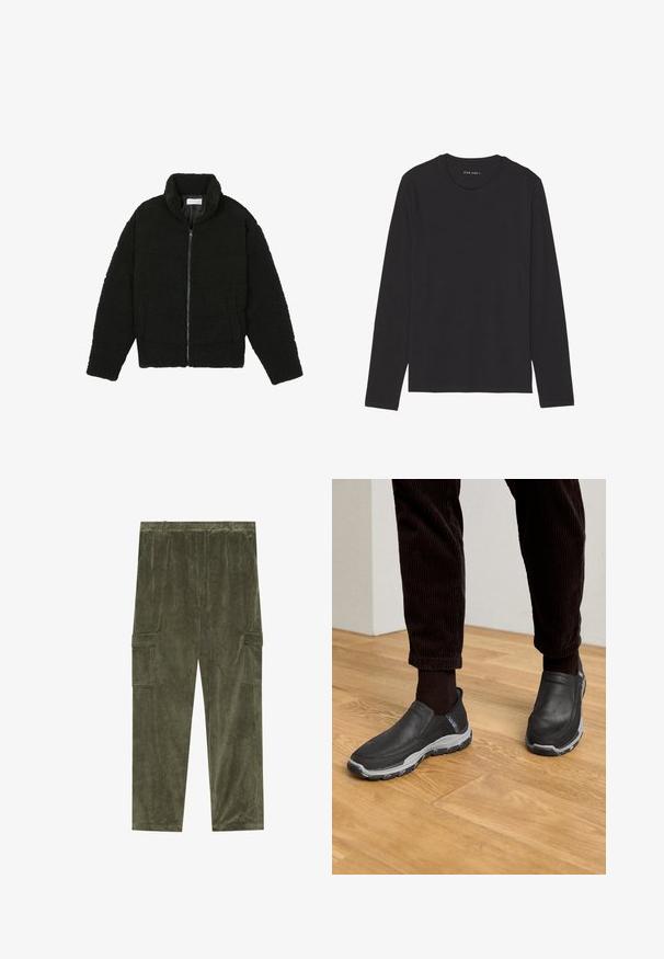 Zwarte, pluizige jas met ritssluiting gemaakt van gestructureerde fleece stof. Heeft een hoge kraag en zijzakken. Rechthoekige lichaamsvorm met lange mouwen.; Zwart langärmelig T-shirt gemaakt van zachte, lichte stof. Heeft een ronde halslijn en een rechte zoom. Geen zichtbare patronen of accenten.; Olijfgroen corduroy cargobroek met verticale ribbelstructuur, voorzien van twee zijzakken en een elastische tailleband voor comfort.; Zwarte instapschoenen met leren bovenwerk met textuur en een grijze rubberen zool, geplaatst op een houten vloer met corduroy broek.