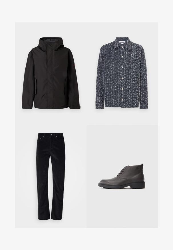 Schwarze wasserdichte Jacke mit Kapuze, ausgestattet mit zwei seitlichen Taschen, einem Reißverschluss an der Vorderseite und verstellbaren Bündchen. Glatte Textur und minimalistisches Design.; Marineblaue Hemdbluse mit Knöpfen, aus strukturiertem, gemustertem Stoff mit weißen Akzenten. Mit Kragen, langen Ärmeln und lockerer Passform. Sichtbare silberne Knöpfe.; Schwarze Cordhosen mit geradem Schnitt. Mit einem Knopfverschluss und Fünf-Taschen-Design. Strukturierter, gerippter Stoff.; Schwarze Leder-Stiefeletten mit strukturiertem Finish, runder Zehenform, Schnürverschluss und einer niedrigen, stabilen Gummisohle. Mit Logodetail an der Seite.