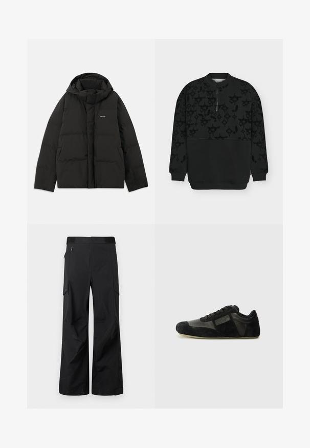 Doudoune noire avec capuche, présentant une texture matelassée, un zip à l'avant et des poches latérales. Petit logo sur le coin supérieur gauche.; Pull noir à manches longues avec un subtil motif géométrique foncé sur la partie supérieure, poignets et col côtelés, et une courte fermeture éclair devant.; Pantalons cargo noirs en tissu lisse et résistant à l'eau. Dotés de jambes larges, de multiples poches latérales et d'une taille plate avec un branding subtil.; Baskets noires en suède et cuir. Présentent un profile bas, un bout arrondi, un design à lacets et des accents texturés. Les semelles ont une texture antidérapante.