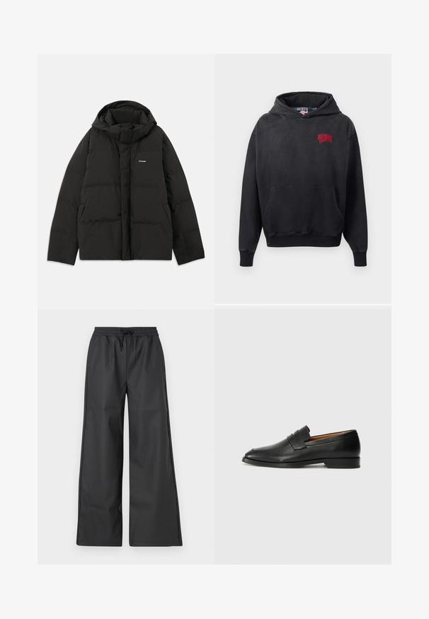 Chaqueta de plumas negra con capucha, que presenta una textura acolchada, cierre de cremallera frontal y bolsillos laterales. Pequeño logotipo en la parte superior izquierda.; Sudadera negra con bolsillo frontal, con un logo bordado en rojo en la parte superior izquierda. Tejido suave y capucha ajustable.; Han Kjøbenhavn RELAXED TRACK TROUSERS - Pantalones - black; Mocasín de cuero negro con punta redonda, detalles de costura sutil y un tacón bajo, que presenta una textura suave y un diseño minimalista.