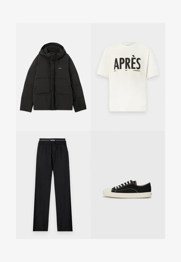 Doudoune noire avec capuche, présentant une texture matelassée, un zip à l'avant et des poches latérales. Petit logo sur le coin supérieur gauche.; T-shirt blanc à manches courtes en coton, arborant un texte noir audacieux "APRÈS GOLF SKI J.LINDEBERG" en design central.; Pantalons noirs à coupe décontractée, taille élastique, cordon de serrage ajustable et poches latérales. Fabriqués en tissu lisse sans motifs.; Baskets en toile noires avec des coutures blanches, un embout rond en caoutchouc et des lacets blancs. Présente un dessus en tissu texturé et une semelle beige.