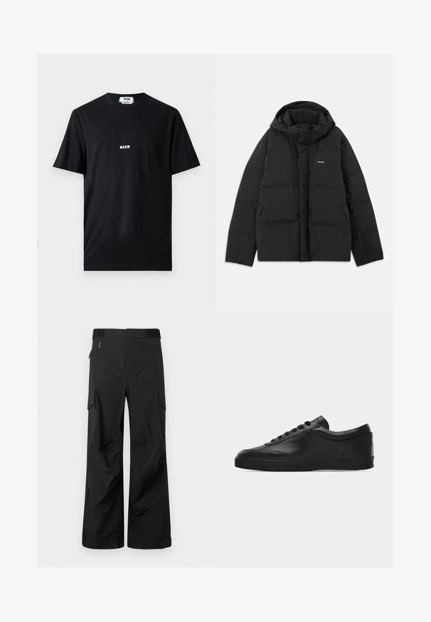 Doudoune noire avec capuche, présentant une texture matelassée, un zip à l'avant et des poches latérales. Petit logo sur le coin supérieur gauche.; T-shirt en coton noir avec un col rond et des manches courtes. Le devant affiche le logo blanc "MSGM" centré. Texture lisse, coupe standard.; Pantalons cargo noirs en tissu lisse et résistant à l'eau. Dotés de jambes larges, de multiples poches latérales et d'une taille plate avec un branding subtil.; Baskets basses en cuir noir avec lacets sur le devant et semelle en caoutchouc plate, vues de côté sur un fond blanc uni.
