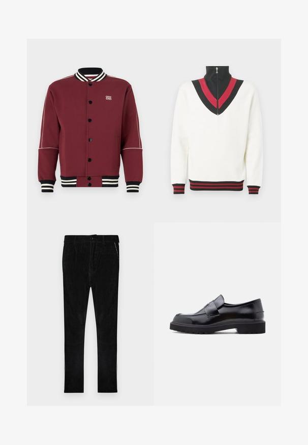 Bordeaux varsity jakke lavet af blødt stof, med ribbet krave og manchetter, sorte knapper og kontrasterende hvide striber på ærmerne.; Hvid pullover med høj krave, der har et sort og rødt V-formet design på brystet samt kontrasterende ribstrikkede manchetter og kant.; Sorte fløjlsbukser med vertikal ribstruktur, med klassisk knap- og lynlås-lukning, sidelommer og ben med lige snit.; Sorte læder slip-on sko med et slankt design, rund tå og en tyk, struktureret gummisål. Har en dekorativ rem på tværs foran.