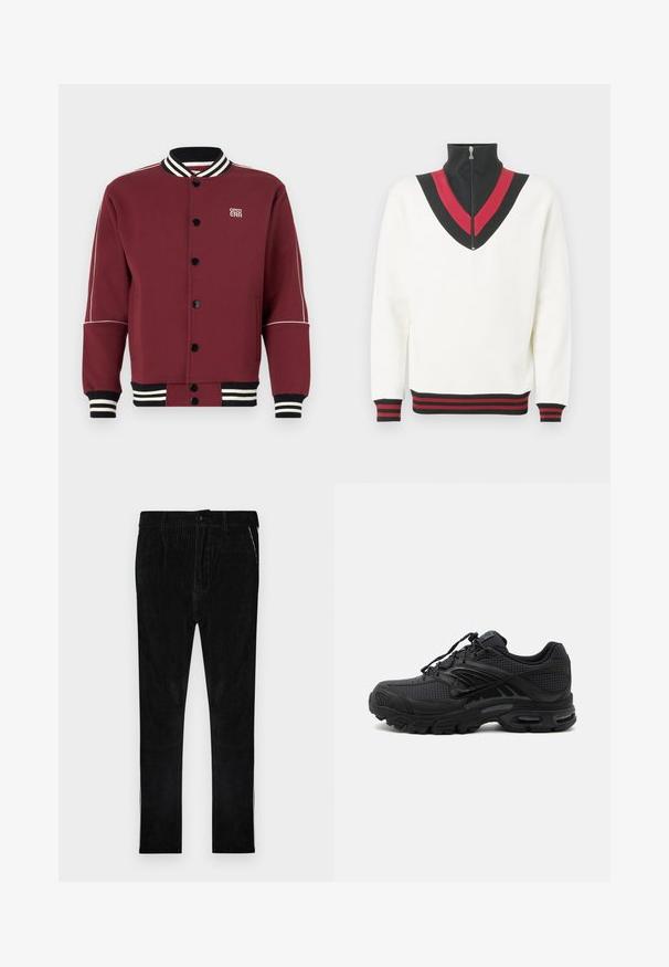 Bordeaux varsity jakke lavet af blødt stof, med ribbet krave og manchetter, sorte knapper og kontrasterende hvide striber på ærmerne.; Hvid pullover med høj krave, der har et sort og rødt V-formet design på brystet samt kontrasterende ribstrikkede manchetter og kant.; Sorte fløjlsbukser med vertikal ribstruktur, med klassisk knap- og lynlås-lukning, sidelommer og ben med lige snit.; Sort atletisk sneaker med tekstureret stof, tyk polstret sål, luftventiler og snørelukning, vist fra siden på en lys baggrund.