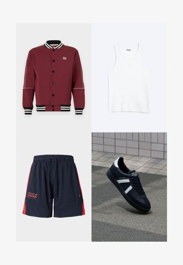 Bordeauxkleurige varsityjack gemaakt van zachte stof, met een geribde kraag en manchetten, zwarte knopen en contrasterende witte strepen op de mouwen.; Wit mouwloos hemdje met ronde hals en Weekday-merklabel aan de binnenkant van de achterkraag, plat weergegeven op een lichte achtergrond.; Marineblauwe mesh korte broek met rode zijpanelen. Voorzien van een elastische tailleband en een trekkoord. Inclusief geborduurd logo op de linker dij.; Zwarte leren sneaker met witte strepen, een gestructureerde rubberen zool en vetersluiting aan de voorkant. Voorzien van een merklabel op de tong.