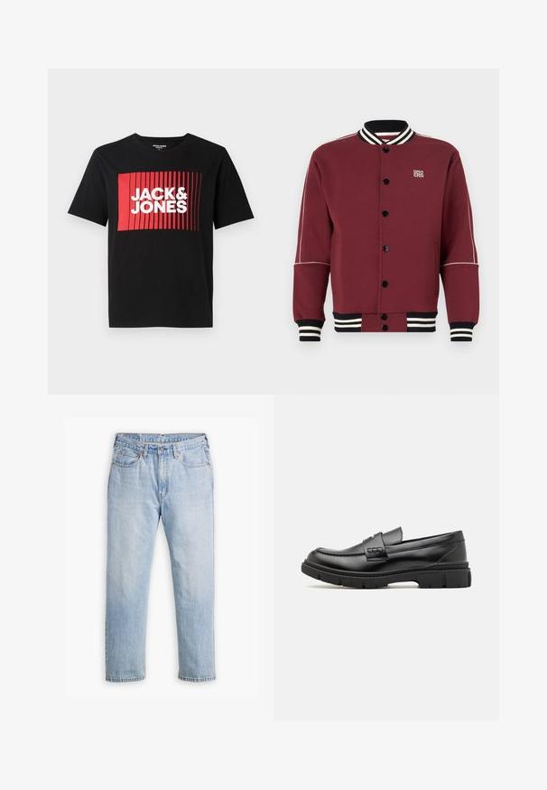 Bordeaux varsity jakke lavet af blødt stof, med ribbet krave og manchetter, sorte knapper og kontrasterende hvide striber på ærmerne.; Sort t-shirt med korte ærmer, der har et rødt rektangulært grafisk design med lodrette linjer og teksten "JACK & JONES" i hvid.; Lysblå denimjeans med lige bendesign, fem lomme stil og kontrastsyet. Knap- og lynlåslukning i taljen.; Sort læder loafersko med en bred rem over forfoden, gummisål med tykke mønstre og glat overflade. Klassisk, slankt design.