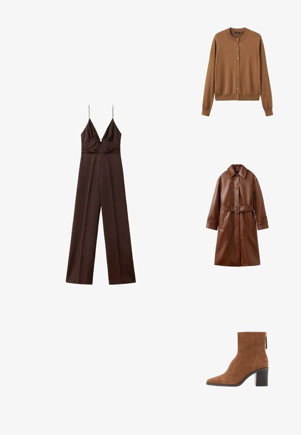 Langer brauner Leder-Trenchcoat mit breitem Kragen, einem schwarzen Knopf, tailliert mit Gürtel, langen Ärmeln und zwei Seitentaschen.; Dunkelbrauner Jumpsuit mit weitem Bein, dünnen Spaghettiträgern und tiefem V-Ausschnitt mit gerafften Details an der Brust.; Brauner Strickcardigan mit Rundhalsausschnitt, langen Ärmeln und Knopfverschluss. Mit kleinen, hellen Knöpfen sowie gerippten Säumen und Bündchen.; Braune Wildleder-Ankle Boots mit spitzer Zehe, Blockabsatz und Reißverschluss auf der Rückseite.