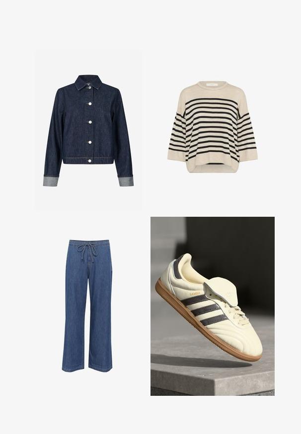 Envii JACKET - Teksajakk - dark-blue denim; Beez ja mustri triibuline sviiter ümmarguse kaelusega, laiade ¾-sleeve'dega ja kergelt kaarduva hemiga. Pehme tekstuur, laia lõikega.; Denim laiad jalgadega püksid, millel on paelu peegel ja keskmiselt sinine värv, sirge lõige ning peened õmbluse detailid.; Kreem värvi nahast tennisetossid, millel on kolm tumedat triipu, pruun kummi tald ja ümardatud varvas. Omab volditavat keelt, millel on sildil "SAMBA."