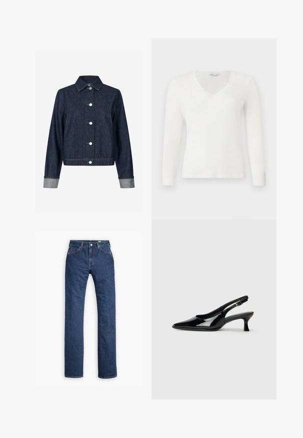 Envii JACKET - Chaqueta vaquera - dark-blue denim; Camiseta blanca de manga larga con relieve, escote en V y detalles de encaje alrededor del cuello, colocada plana sobre un fondo blanco.; Levi's® MOJ MIJ PLANK STRAIGHT - Vaqueros rectos - stems; Zapatos de charol negro tipo slingback con punta afilada y tacón bajo. Correa ajustable con hebilla en el tobillo.