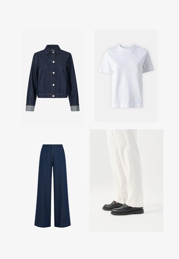 Envii JACKET - Teksajakk - dark-blue denim; Valge puuvillane T-särk, ümar kaelus, lühikesed varrukad, sirge lõige ja sile tekstuur. Ilma mustrite ja kaunistusteta.; Laiad tumeda sinise värvi teksad sirge lõikega, valmistatud denimist. Omavad kõrget vöökohta ja peent õmbluse detaile. Ilma nähtava riistvarata.; Inimene, kes kannab valgeid rätsepatööna valmistatud pükse ja musti nahast mokasiine, seisab valgel taustal.
