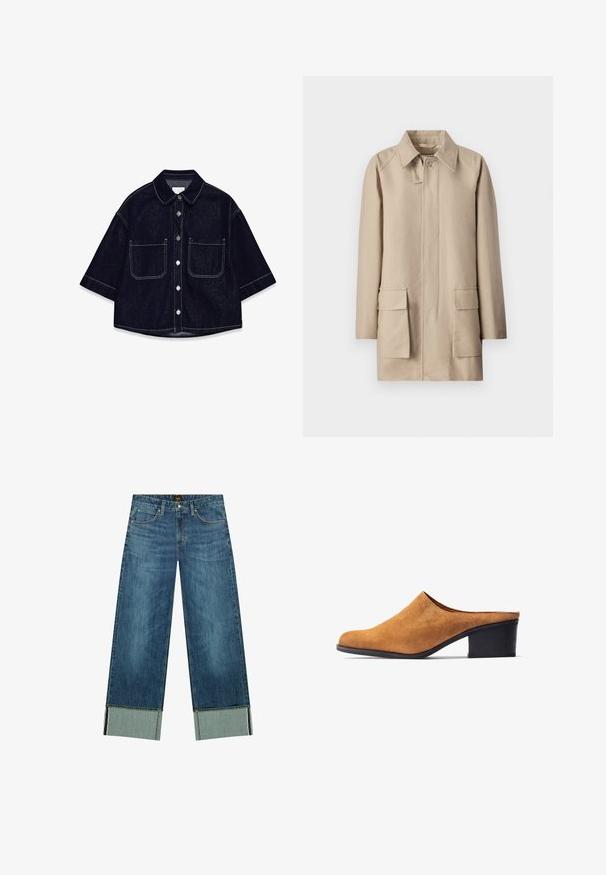 Filippa K PATCH POCKET JACKET - Halflange jas - khaki beig; Donkerdenim overhemd met korte mouwen, twee voorzakken met flappen, witte stiksels en een afgeronde kraag.; Blauwe wijde spijkerbroeken met omgeslagen zoom, voorzakken, riemlussen en een knoopsluiting, plat neergelegd op een witte achtergrond.; Tan suède muil met een ronde neus en een lage zwarte blokhak. Het bovenwerk heeft een gladde textuur en een eenvoudig, ingetogen ontwerp.