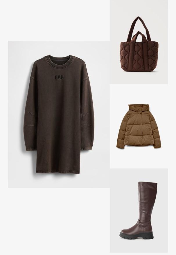 Bruine pufferjas met een hoge kraag, een vierkante vorm, horizontaal doorgestikt patroon en zijzakken. Gemaakt van een gladde, duurzame stof.; Bruine oversized sweatshirtjurk gemaakt van zacht materiaal, met een ronde halslijn en een geborduurd "GAP"-logo op de borst.; Bruine leren kniehoge laarzen met een gladde afwerking, dikke zwarte rubberen zool en minimale stiksels langs de bovenrand.; Bruine gewatteerde stoffen draagtas met twee lange en twee korte handvatten, met een golvend stikselpatroon en rechthoekige vorm.