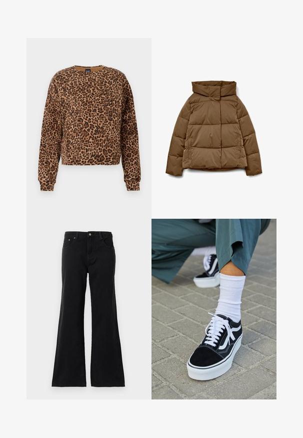 Brun pufferjakke med høj krave, firkantet form, vandret quiltet mønster og sidelommer. Fremstillet af et glat, holdbart stof.; Sweatshirt med leopardmønster i nuancer af brunt og sort. Fremstillet af blødt stof, har rund halsudskæring og lange ærmer med ribbede manchetter.; Sorte højtaljede denimjeans med fem lommer og bredde ben, vist på en hvid baggrund.; Sorte ruskinds sneakers med hvide accenter og snørebånd, der har en tyk hvid sål og kontrasterende syninger, parret med en hvid sok.