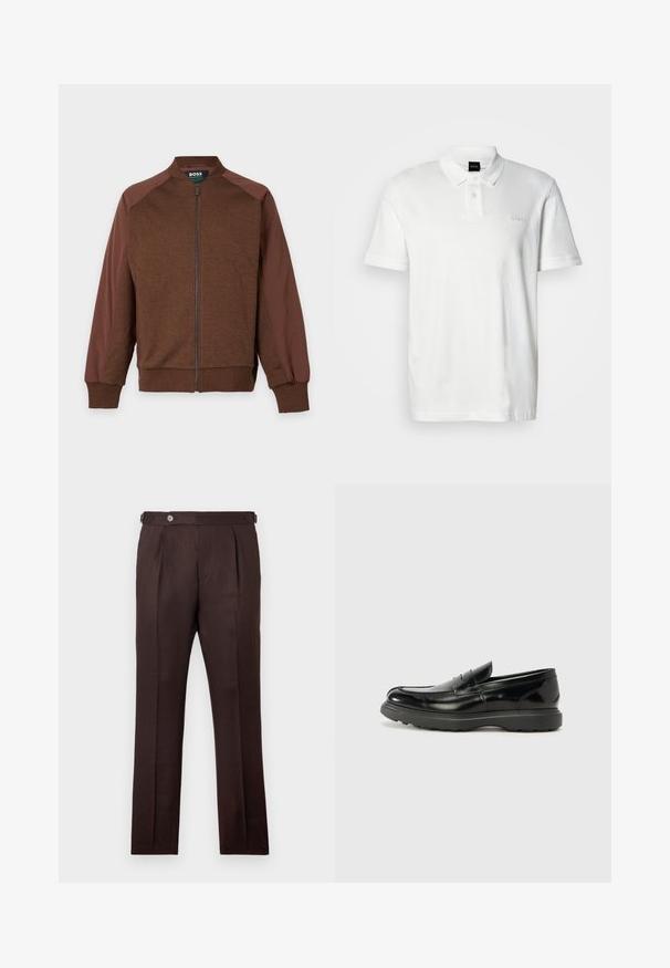 Veste marron zippée avec des manches marron plus foncé, des poignets et un col côtelés, étiquetée "BOSS" à l'intérieur du col.; Polo blanc en coton avec un col classique, des manches courtes, une patte de boutonnage à trois boutons et un logo discret en relief sur la poitrine.; Pantalons marron foncé sur mesure avec plis, fermeture à boutons, sangles de réglage latérales et coupe droite, sur un fond clair.; Mocassin en cuir noir avec une finition brillante, bout arrondi, détails de couture subtils et semelle en caoutchouc épaisse pour la durabilité.