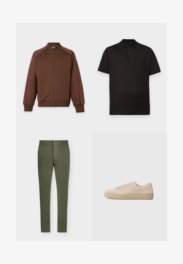 Veste marron zippée avec des manches marron plus foncé, des poignets et un col côtelés, étiquetée "BOSS" à l'intérieur du col.; Polo noir à manches courtes avec patte à deux boutons et col classique, affiché sur un fond gris clair uni.; Pantalon slim fit vert olive avec passants de ceinture, bouton devant et fermeture éclair, présenté sur un fond clair uni.; Baskets en daim beige avec un bout rond, des lacets plats et une semelle en caoutchouc texturé. Design minimaliste avec des bords lisses et des coutures discrètes.