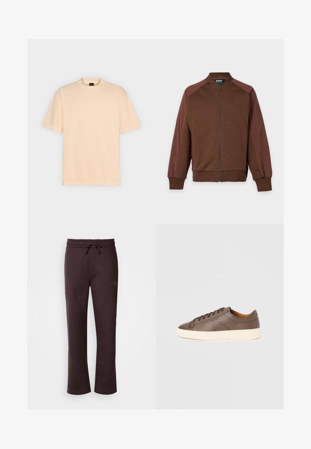 Veste marron zippée avec des manches marron plus foncé, des poignets et un col côtelés, étiquetée "BOSS" à l'intérieur du col.; T-shirt beige uni à manches courtes avec col rond et étiquette BOSS à l'intérieur du col arrière, présenté sur un fond gris clair.; Pantalon de survêtement marron foncé avec une taille élastique, un cordon de serrage, des poches latérales et le logo "HUGO" imprimé sur la jambe gauche. Texture douce.; Baskets en cuir marron à texture lisse, semelle extérieure crème contrastante, bout arrondi et lacets marron foncé ; présente un logo discrètement embossé.