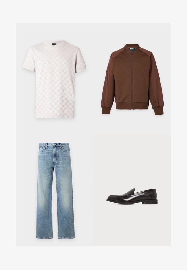 Veste marron zippée avec des manches marron plus foncé, des poignets et un col côtelés, étiquetée "BOSS" à l'intérieur du col.; T-shirt gris clair avec un motif texturé subtil, col rond et manches courtes. Confectionné en coton doux.; Jean droit en denim bleu clair avec taille haute, cinq poches, fermeture à boutons et léger délavage sur les cuisses et les genoux.; Mocassin pour homme en cuir noir, sans lacets, avec petit talon et coutures décoratives à l'avant et sur les côtés, sur fond blanc.