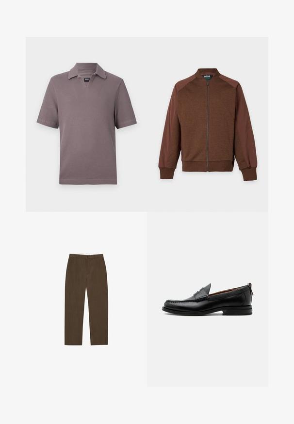 Veste marron zippée avec des manches marron plus foncé, des poignets et un col côtelés, étiquetée "BOSS" à l'intérieur du col.; Polo manches courtes mauve en tissu texturé avec une petite étiquette noire "BOSS" au col en V.; Pantalon marron à jambes droites avec passants de ceinture, bouton à l'avant et poches latérales, présenté sur fond blanc.; Mocassin homme en cuir noir avec couture moc toe, bride penny, col texturé et petit talon empilé sur fond blanc.