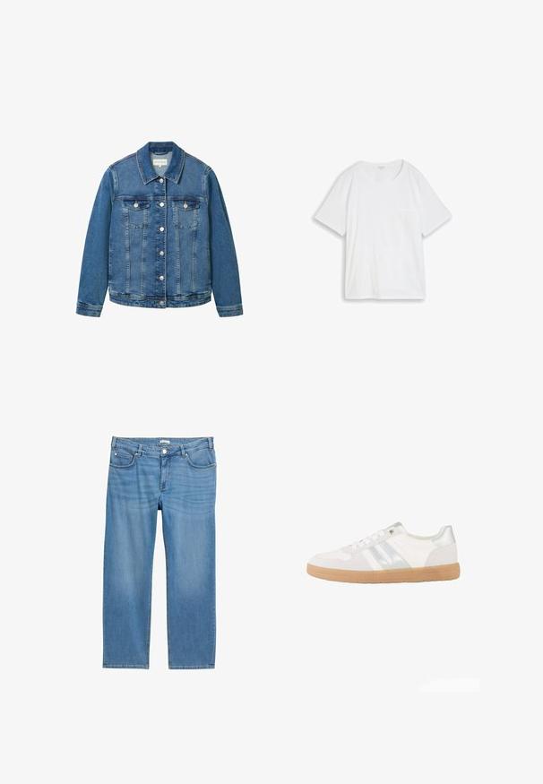 Jeansjacke in Hellblau mit klassischem Kragen, Fronttaschen und silbernen Knopfverschluss. Hat eine leicht abgenutzte Textur.; Weißes Baumwoll-T-Shirt mit kurzen Ärmeln, rundem Halsausschnitt und kleiner Brusttasche, flach auf weißem Hintergrund dargestellt.; Hellblaue Denim-Jeans mit geradem Bein, fünf Taschen, mittlerer Bundhöhe und glatter Textur. Mit Knopfverschluss.; Weißer Sneaker mit niedrigem Schnitt, silbernen Streifen, weißen Schnürsenkeln und einer hellbraunen Gummisohle, von der Seite auf weißem Hintergrund dargestellt.