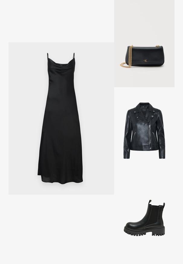 Veste de moto en cuir noir, avec fermeture éclair, garnitures en argent, col à pression et deux poches latérales zippées. Texture lisse et légèrement brillante.; Robe nuisette en satin noir avec de fines bretelles, décolleté en cowl et une silhouette fluide. Le tissu a une texture lisse et brillante.; Bottes chevilles en cuir noir avec des panneaux élastiques sur les côtés, semelle en caoutchouc épaisse et languette de tirage. Présente une finition lisse et une texture nervurée.; Sac à bandoulière en cuir noir avec bandoulière chaîne dorée et petit logo "cK" doré centré sur le rabat avant sur fond uni.