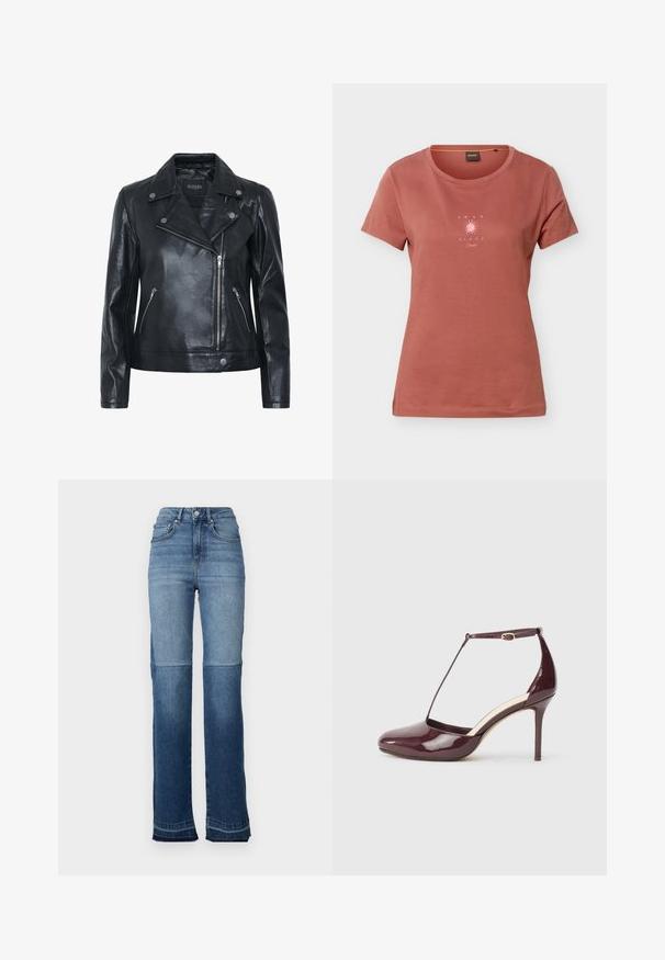 Zwarte leren motorjack, met een ritssluiting, zilverkleurige hardware, drukknopkraag, en twee zijzakken met rits. Gladde, licht glanzende textuur.; T-shirt met korte mouwen in roestkleur met een ronde hals en een kleine roze zonafbeelding met de tekst "AMAR EL SOL" op de borst.; Hoge taille denim jeans met een verloop van licht naar donkerblauw, een rechte pijp en rafelige zoom aan de manchetten.; Bordeauxrode lakleren hoge hakken met puntige neus, enkelband gesp en T-band detail op een neutrale achtergrond.
