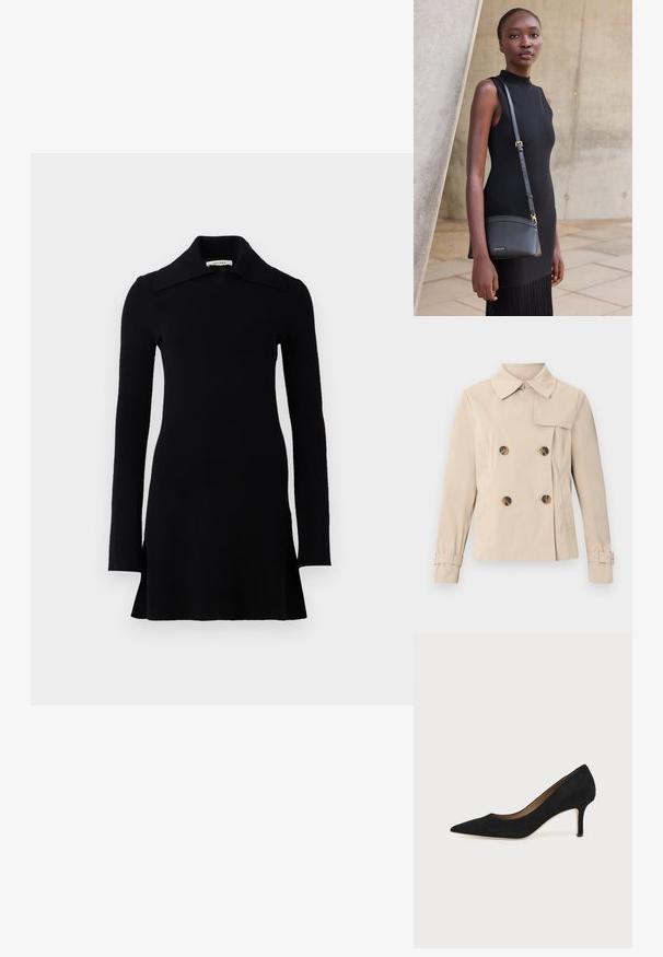 Beige dubbelgeknoopte trenchcoat met brede kraag, vier schildpadkleurige knopen, zijzakken en verstelbare gespen aan de mouwen.; Zwarte lange mouw mini-jurk met een brede kraag, aansluitende taille en licht uitlopende zoom, weergegeven op een witte achtergrond.; Zwarte suède pumps met spitse neus, een slanke middenhoge naaldhak en een laag uitgesneden ontwerp op een effen achtergrond.; Jonge vrouw in een mouwloze zwarte jurk met een zwarte leren crossbodytas, staand voor een lichte betonnen muur.