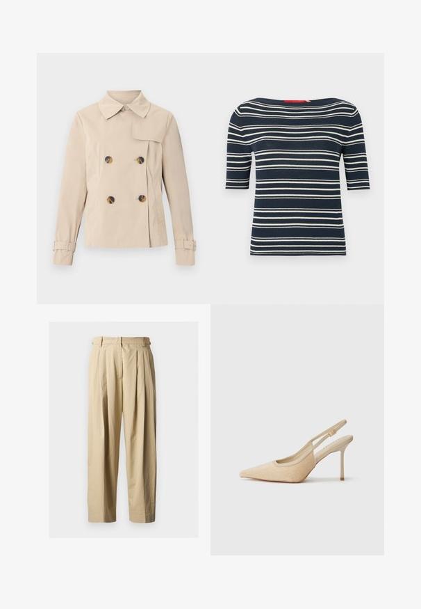 Beige dubbelgeknoopte trenchcoat met brede kraag, vier schildpadkleurige knopen, zijzakken en verstelbare gespen aan de mouwen.; Donkerblauw kortarmgebreid shirt met witte horizontale strepen en een brede boothals.; Beige hoge taille plissé broek met lussen voor riem, voorrits en rechte wijde pijpen op een effen achtergrond.; Beige slingback hoge hakken met een spitse neus, gemaakt van textuurmateriaal, met een slanke hak en een verstelbare band.