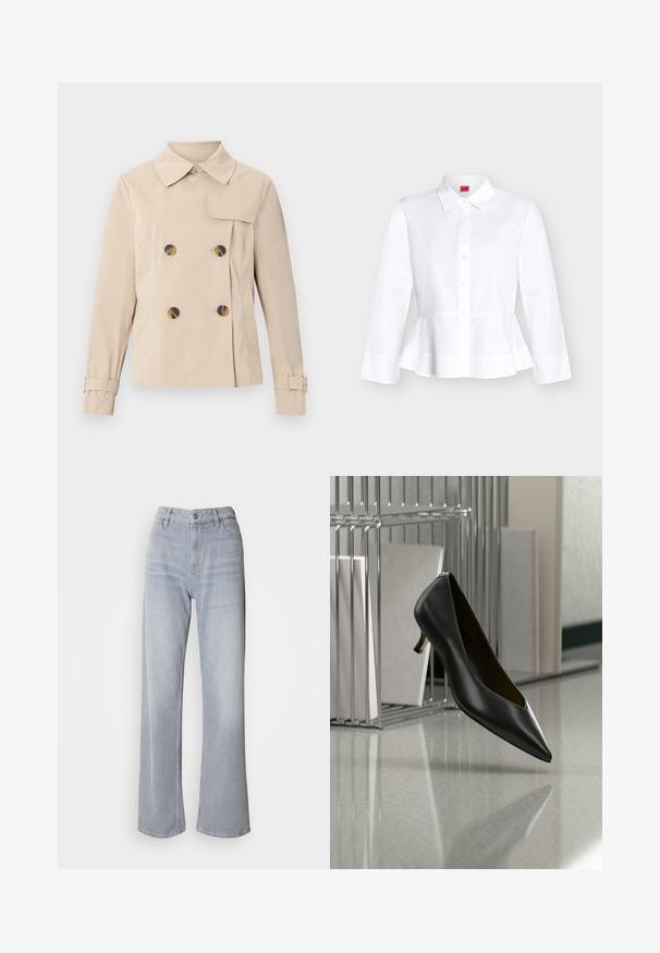 Gabardina beige de doble botonadura con cuello ancho, cuatro botones de carey, bolsillos laterales y tiras ajustables con hebilla en las mangas.; Camisa blanca de manga larga con botones, cuello y detalle de peplum en la cintura sobre un fondo claro y liso.; Jeans de pernera ancha en gris claro, con cintura alta, hechos de denim. Presentan bolsillos frontales, cremallera y un leve desvanecimiento por toda la prenda.; Zapato de cuero negro con punta afilada y tacón kitten flotando sobre un suelo gris moteado, junto a un organizador metálico de archivos con carpetas.