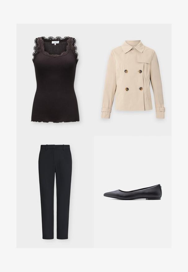 Trench-coat beige à double boutonnage avec large col, quatre boutons en écaille, poches latérales et sangles réglables avec boucles aux manches.; Top sans manches noir en maille côtelée avec bordure en dentelle autour du col et des épaules, doté d'un ourlet festonné et d'une étiquette de marque Rosemunde.; Pantalon noir à jambe droite, avec passants de ceinture et taille ajustée, présenté sur fond blanc, sans marque apparente ni accessoires.; Chaussure plate en cuir noire à bout pointu avec petit talon, vue de profil sur fond blanc.