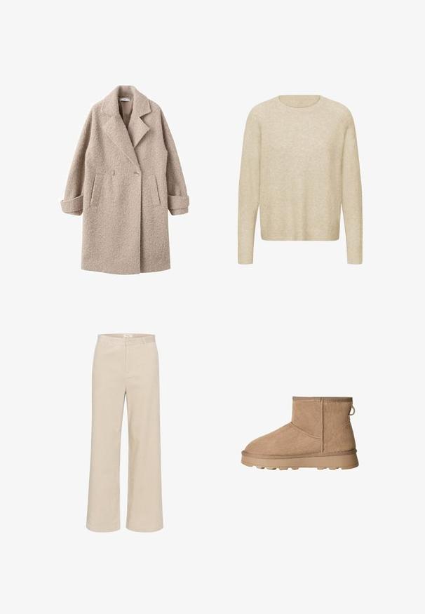 Beige dobbeltrækket frakke lavet af tekstureret uld, med en spids krave og sidelommer, samt opfoldede manchetter og en blød finish.; Beige sweater lavet af et blødt, tekstureret strikket stof. Har en rund halsudskæring og lange, let tilspidsede ærmer for en afslappet pasform.; Beige buks med brede ben i velour, der har en subtil ribbet tekstur, bæltestropper, frontlynlås og to sidelommer.; Tan ruskind ankelstøvle med rund tå, tekstureret overdel og gummisål med trækkraftlæber. Bagtils pull tab for nem påtagning.