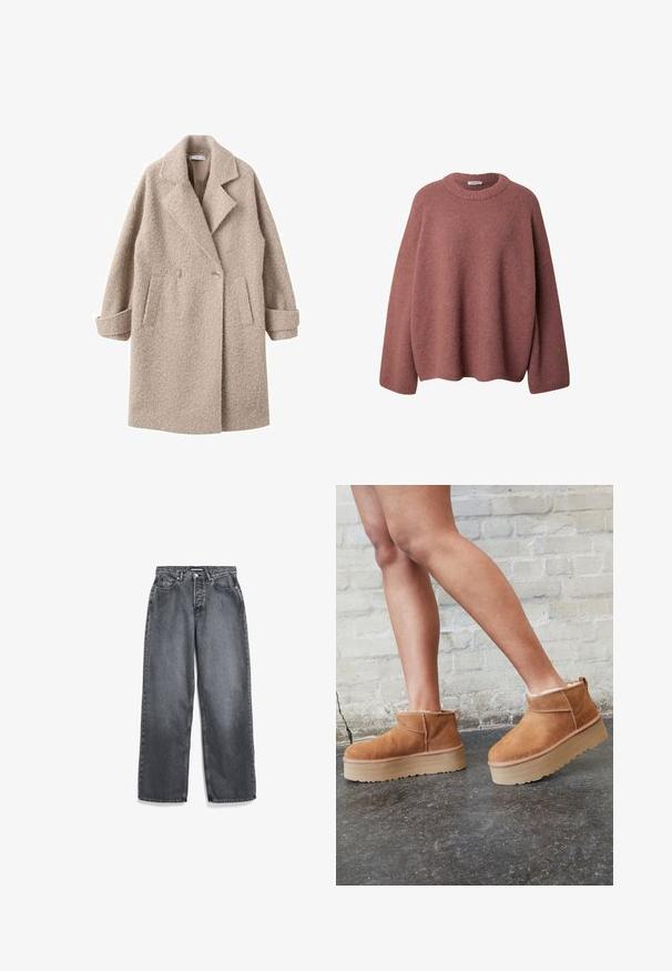 Beige dubbelzijdig jasje gemaakt van textuurwol, voorzien van een gekartelde kraag en zijzakken, met opgerolde mouwen en een zachte afwerking.; EDITED Trui - braun rostbraun; Donkergrijze rechte jeans met voorzakken, riemlussen, knoop en ritssluiting.; Bruine suède enkelboots met een zachte voering, dikke beige plateauzool en een achterste lus. Getextureerde oppervlakte met zichtbare stiksels.