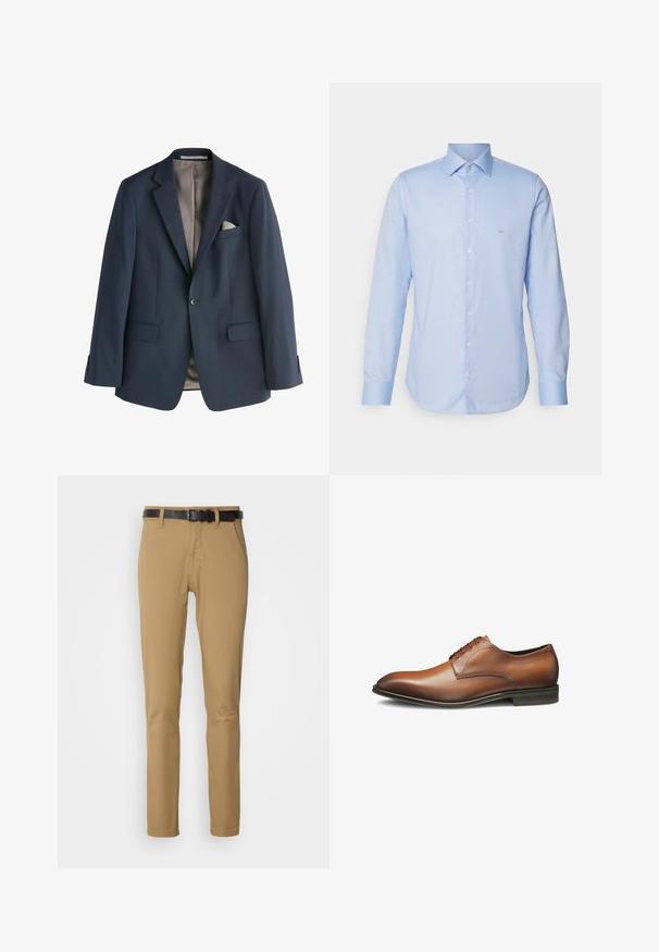 Marineblauwe pinstripe blazer met notch revers, twee voorzakken en een enkele borstzak. Gevoerd interieur in lichtgrijs, met knoopmanchetten.; Lichtblauwe blouse met lange mouwen van geweven stof. Voorzien van een puntige kraag, knoopsluiting aan de voorkant en een minimaal logo op de borst.; Khaki broek met een slim fit ontwerp, gemaakt van zachte stof. Heeft een zwarte riem, twee voorzakken en een recht gesneden pijp.; Bruine leren stijl schoenen met een ronde neus, vetersluiting, gladde textuur en een lage gestapelde hak. Kenmerkt een subtiele glans en contrasterende afwerking.