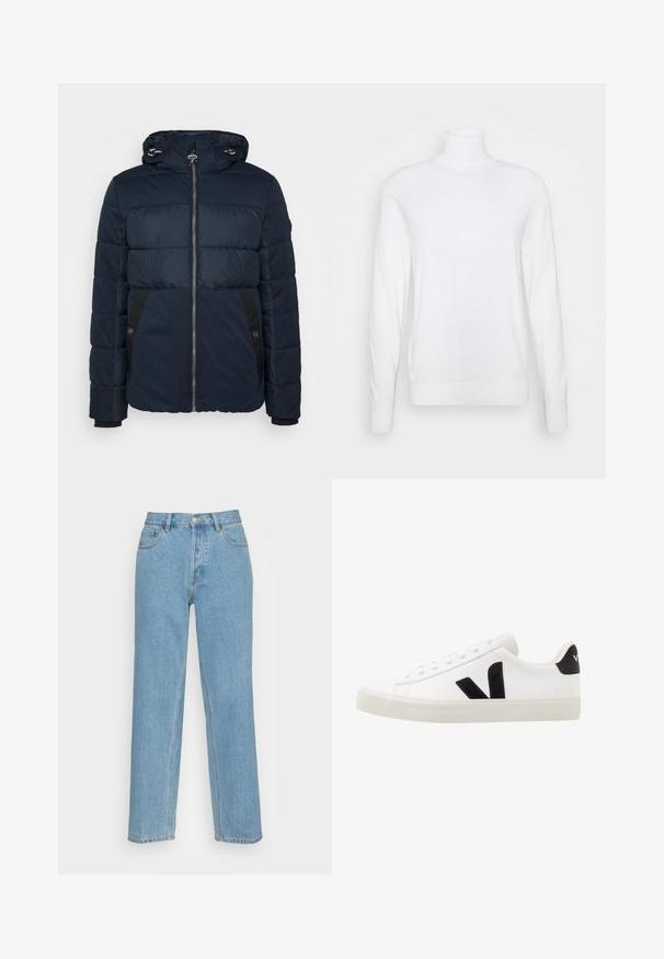 Marineblauer Puffer-Jacke mit Reißverschluss vorne, verstellbare Kapuze, schwarzen Seitenpaneelen und gerippten Bündchen für Isolierung und Komfort.; Weißer Rollkragenpullover mit langen Ärmeln, aus glattem Stoff gefertigt. Verfügt über eine taillierte Passform sowie gerippte Bündchen und Saum. Keine Muster oder Akzente.; Helle blaue gerade geschnittene Jeans aus Denim mit einem klassischen Fünf-Taschen-Design, einem vorderen Knopfverschluss und sichtbaren Nähdetails.; Weiße Leder-Sneaker mit schwarzen Wildlederelementen; verfügen über eine Gummisohle, eine runde Spitze und ein klassisches Schnürdesign. Seitliches Logo in Schwarz.