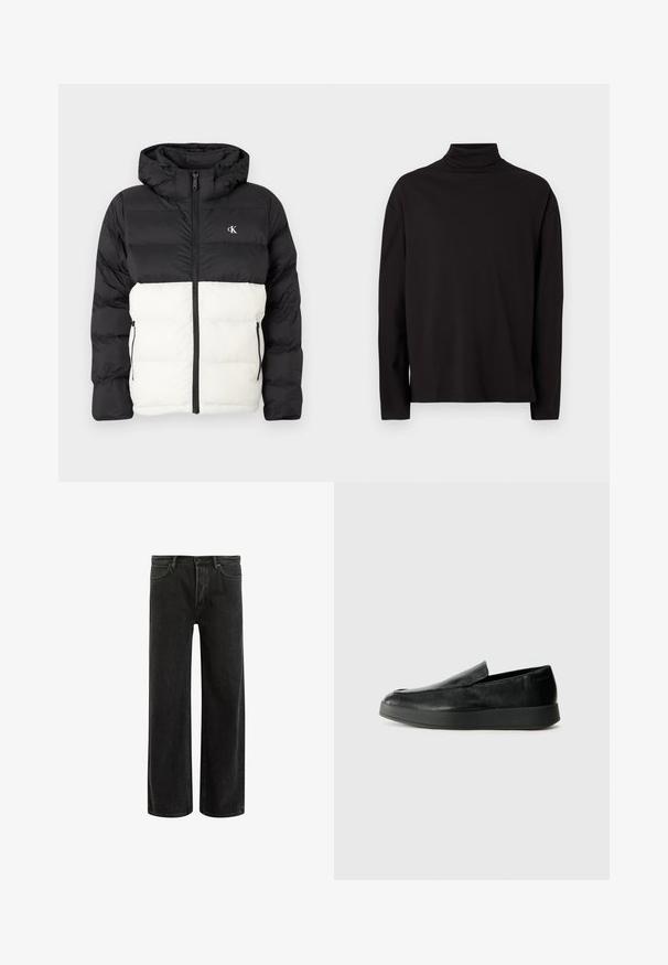 Schwarz-weißes gepolstertes Jacket mit Kapuze, ausgestattet mit einem Reißverschluss, zwei seitlichen Reißverschlusstaschen und einem Logo auf der Brust. Strukturierter, warmer Stil.; Schwarzes Langarm-Rollkragenoberteil aus weichem, glattem Stoff mit lockerer Passform und ohne sichtbare Muster oder Akzente.; Schwarze, weit geschnittene Jeans aus Denim mit hoher Taille, im klassischen Fünf-Taschen-Design und subtilem Verblassen für eine strukturierte Optik.; Calvin Klein HYBRID CUP - Slipper - triple black