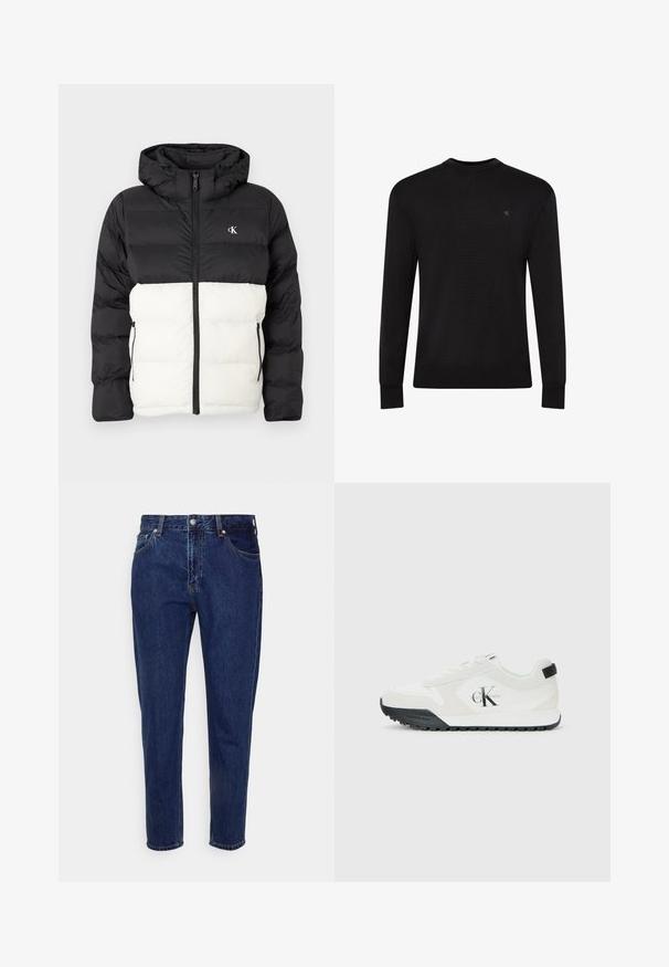 Schwarz-weißes gepolstertes Jacket mit Kapuze, ausgestattet mit einem Reißverschluss, zwei seitlichen Reißverschlusstaschen und einem Logo auf der Brust. Strukturierter, warmer Stil.; Schwarzer Pullover mit Rundhalsausschnitt und langen Ärmeln, kleinem, dezentem Logo auf der oberen linken Brustseite sowie gerippten Bündchen und Saum.; Dunkelblaue Jeans mit geradem Bein, vorderer Knopf- und Reißverschluss, Gürtelschlaufen sowie Vorder- und Gesäßtaschen.; Weiße Calvin Klein Sneaker mit schwarzem Sohle, Wildleder- und Mesh-Einsätzen, CK-Logo an der Seite sowie Calvin Klein-Branding an Ferse und Sohle.