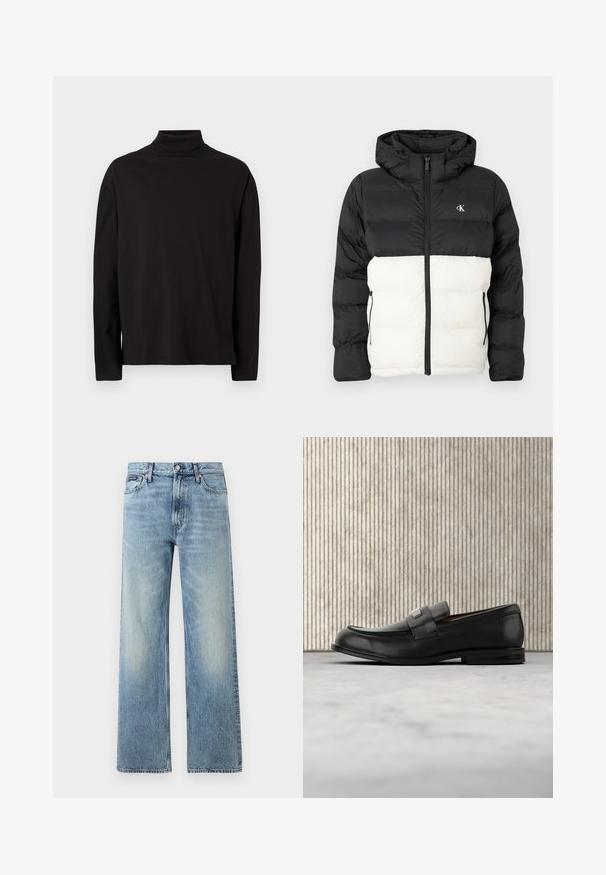 Sort og hvid polstret jakke med hætte, der har lynlås lukning, to sidelommer med lynlås og logo på brystet. Tekstureret, varm design.; Sort turtleneck langærmet top lavet af blød, glat stof med løs pasform og uden synlige mønstre eller detaljer.; Lyseblå denim jeans med lige ben, højt talje, fem lommer, knaplukning og diskrete falmede områder på lår og knæ.; Sort læderloafer med metalbrandskilt hvilende nær et brunt rundt bord på beige tæppe.