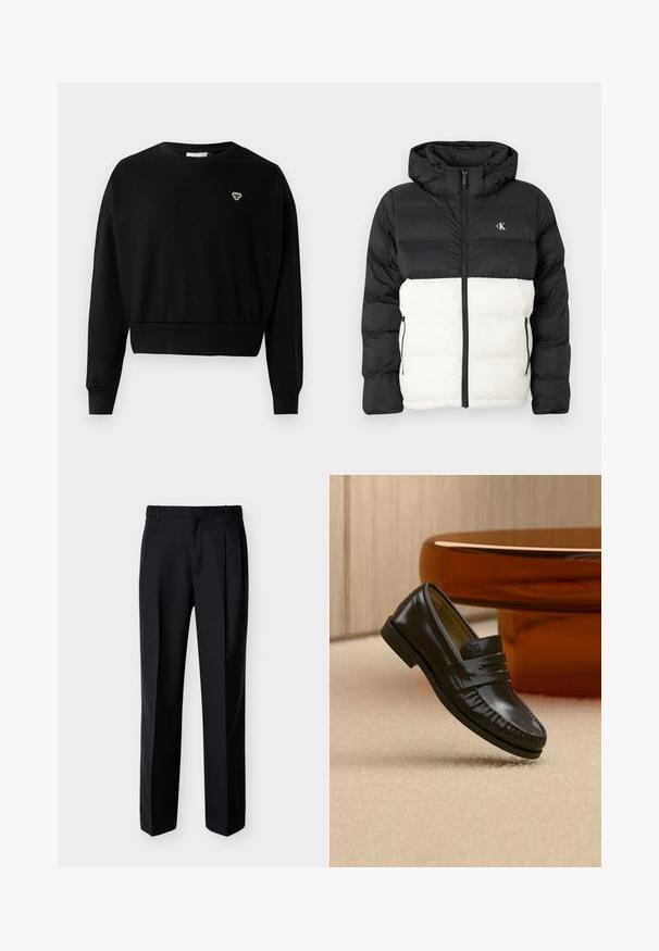Sort og hvid polstret jakke med hætte, der har lynlås lukning, to sidelommer med lynlås og logo på brystet. Tekstureret, varm design.; Sort cropped sweatshirt med rund halsudskæring, lange ærmer og et lille broderet logo på brystet, lavet af en blød bomuldsblanding.; Sorte skræddersyede bukser med lige snit, foldet forstykke og sidelommer. Fremstillet af et glat, let stof med et ensartet mønster.; Skinnende sort læderloafer med remdetalje, placeret på beige tæppe nær et rundt brunt sofabord i et blødt oplyst rum.