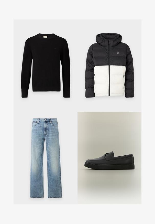 Čierno-biely prešívaný kabát s kapucňou, s uzáverom na zips, dvoma bočnými vreckami na zips a logom na hrudi. Textúrovaný, teplý dizajn.; Calvin Klein Svetrík - black; Svetlomodré riflové nohavice s rovnými nohavicami, vysokým pásom, piatimi vreckami, zapínaním na gombík a jemným vyblednutím na stehnách a kolenách.; Čierna ležérna kožená mokasína so šnurovacími detailmi a hrubou gumovou podrážkou, zobrazená z boku na neutrálnom pozadí.