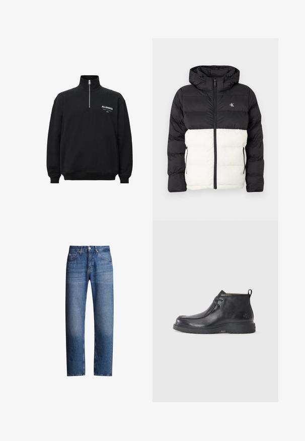 Sort og hvid polstret jakke med hætte, der har lynlås lukning, to sidelommer med lynlås og logo på brystet. Tekstureret, varm design.; Sort sweatshirt med høj krave og halv lynlås, med hvid trykt tekst på venstre bryst. Fremstillet af bomuldsstof med blød tekstur.; Blå denimjeans med lige pasform, fem lommer og lynlås. Har en let falmet effekt og syninger langs sømmene.; Sorte læder ankelstøvler med rund tå, snørelukning og en løkke bagpå. Tekstureret overdel og gummisål.